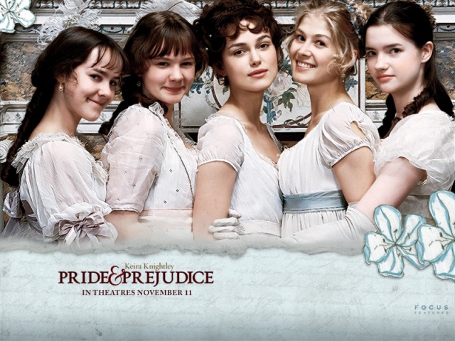 Adoro esta adaptação de 2005 de "Orgulho e Preconceito". Keira Knightley (no meio) vive Elizabeth Bennet, em meio às suas quatro irmãs.